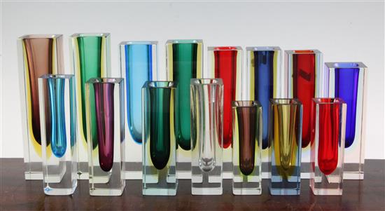 Fifteen Murano Sommerso glass square section vases, 1950s-70s, 12cm - 20cm